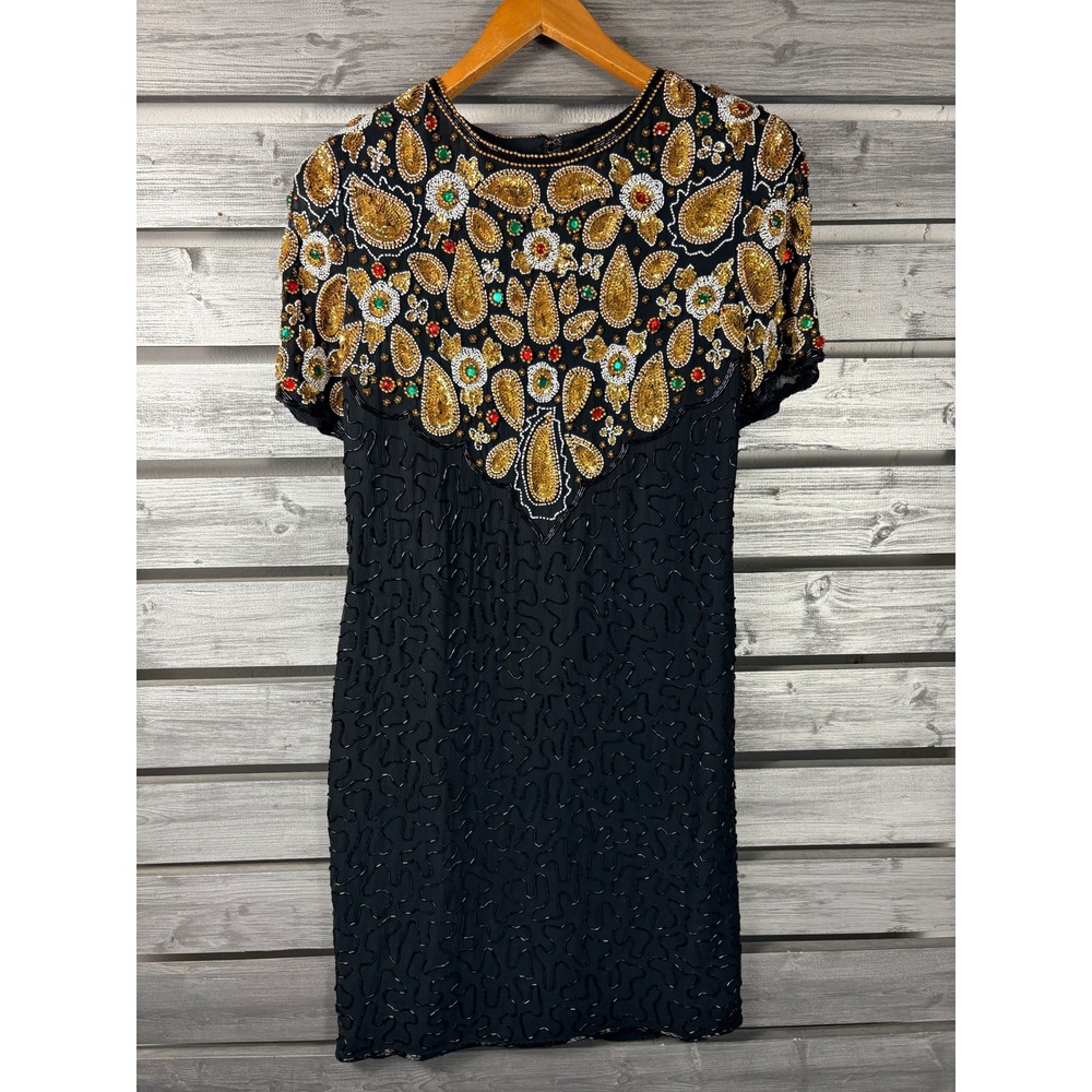Swee Lo Vintage Black Silk Beaded Mini Dress Sequin Flapper Womens Small EUC